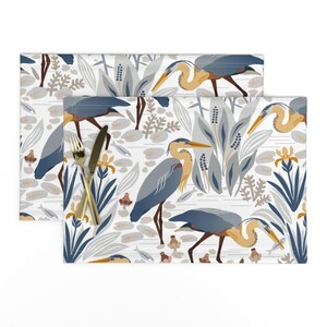 Bird Placemats (Set of 2) - Fishing Heron And Irises  by boszorka - Orange Fish Gray Pond Iris Lake Heron Cloth Placemats by Spoonflower