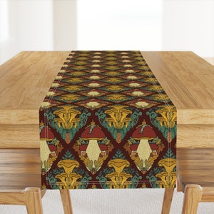May include: A table runner with a repeating pattern of mushrooms and leaves. The mushrooms are red and white with brown stems. The leaves are green and brown. The background is a dark red color.