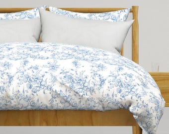 Blue Bedding - Blueberry Toile by lilyoake - Toile Fruit Roses Bee Blueberry Rococo Cotton Sateen Duvet Cover OR Pillow Shams by Spoonflower