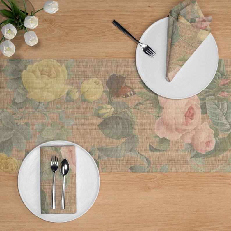 Victorian English Cotton Sateen Table Runner by Spoonflower Belles Fleurs Jolie Rayure by peacoquettedesigns Floral Table Runner