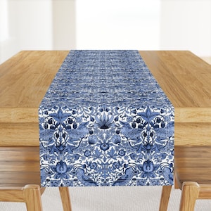 William Morris Table Runner - Strawberry Thief Blue by peacoquettedesigns - Damask Victorian Cotton Sateen Table Runner by Spoonflower
