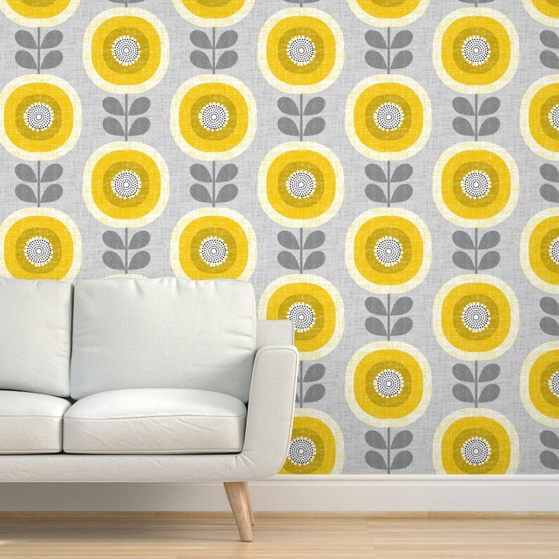 Mid Century Floral Wallpaper Midcentury Sunflowers by | Etsy