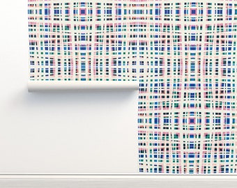 Plaid Geometric Commercial Grade Wallpaper - Out Of Line Large by rocketandindigo - Line Tartan Wallpaper Double Roll by Spoonflower
