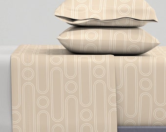 Tan Modern Bauhaus Sheets - Boho Ovals by muchsketch - Earth Tone Abstract Geometric Neutral Cotton Sateen Sheet Set Bedding by Spoonflower
