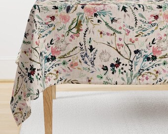 Mantel floral romántico - Fable Floral Blush de nouveau_bohemian - Mantel de satén de algodón con estampado de flores en acuarela de Spoonflower
