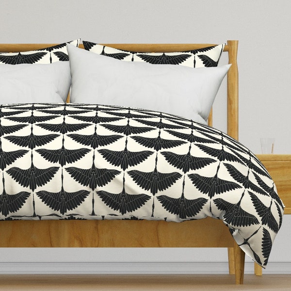 Black Bedding - Swan Song  Black On Ecru by jennykate - Cream Animals Art Deco Cotton Sateen Duvet Cover OR Pillow Shams by Spoonflower