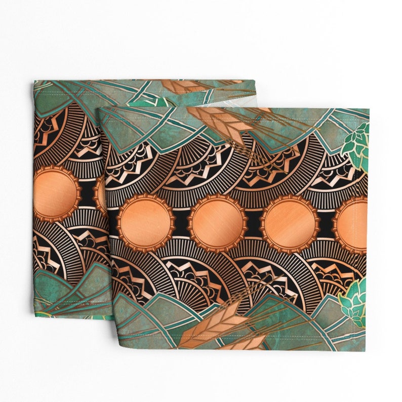 Art Deco Table Runner - Faux Copper Patina Bottlecaps Verdigris Cotton Sateen Table Runner - Deco Hops And Barley by ghouk image 4