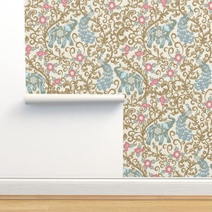 Art Nouveau Non-Pasted Wallpaper - Elephant And Peacock Rococo by winkeltriple - Damask Ornate Wallpaper Double Roll by Spoonflower