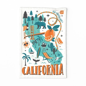 Reise Geschirrtuch - Retro illustrierte Kalifornien Karte von Heatherdutton - Sommer Karte Kalifornien Leinen Baumwolle Geschirrtuch von Spoonflower