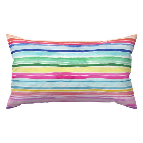 Watercolor Stripe Accent Pillow - Colorful Stripe by ninola-design - Summer Colorful Vibrant Rectangle Lumbar Throw Pillow by Spoonflower