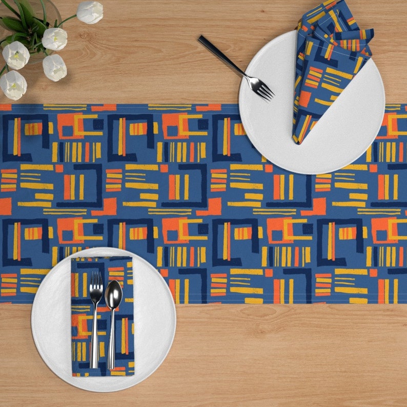 Abstract Table Runner Geometric Modern Mid-century Cotton Sateen Table Runner by Spoonflower Fiesta Maze by elizabeth/_hale/_design