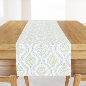 May include: A decorative table runner with a repeating pattern of stylized trees and floral motifs in shades of green and blue on a white background. The runner is placed on a wooden table, adding a touch of elegance to the dining area.