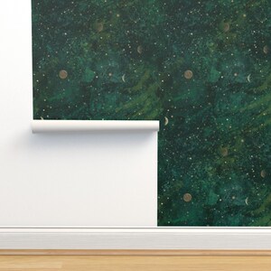 Celestial Sky Commercial Grade Wallpaper - Dark Green Galaxy by rebecca_reck_art - Emerald Green Lunar Wallpaper Double Roll by Spoonflower