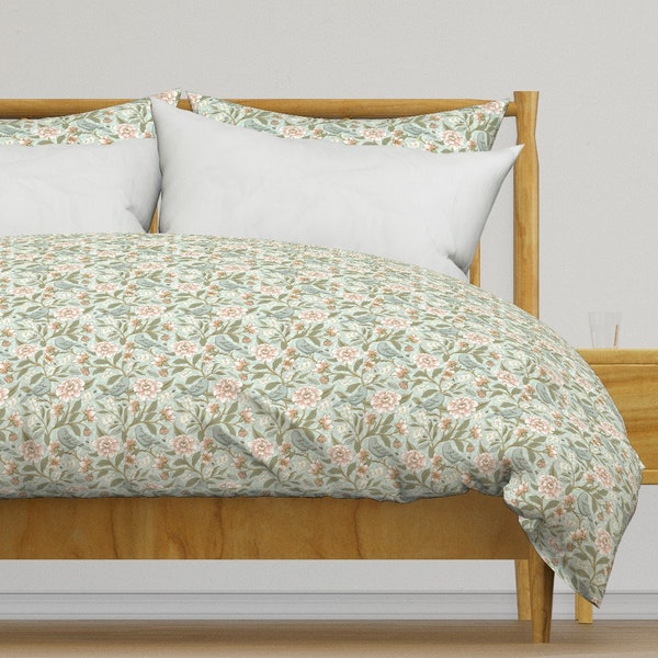 Flowers And Birds Bedding - Victorian Floral by fernlesliestudio - Mint And Sage Cotton Sateen Duvet Cover OR Pillow Shams by Spoonflower