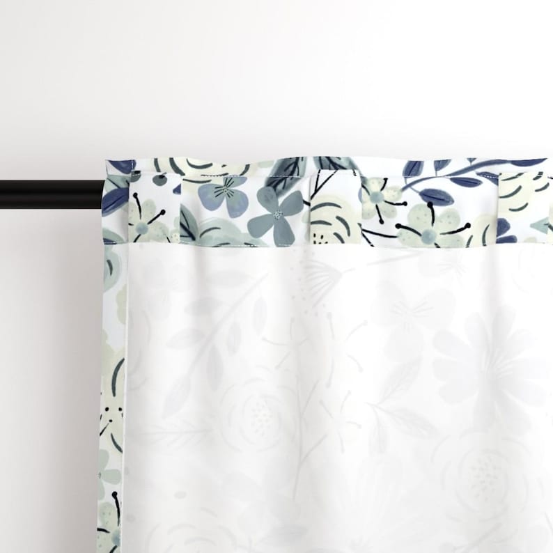 Blue Boho Floral Curtain Panel - Sage Green Floral Wilderness Large Scale Navy Blue Custom Curtain Panel - Flower Child Boho by roochita - image 5