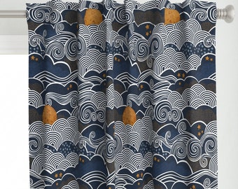 Night Sky Curtain Panel - Clouds Gold Stars Sky Blue Mustard Dark Blue Navy Custom Curtain Panel - Cozy Night by patricia_lima -