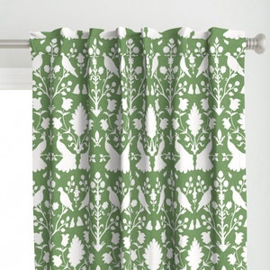 Peacock Damask Curtain Panel - Birds In Lawn by willowlanetextiles - Chinoiserie Grass Green Victorian  Custom Curtain Panel by Spoonflower