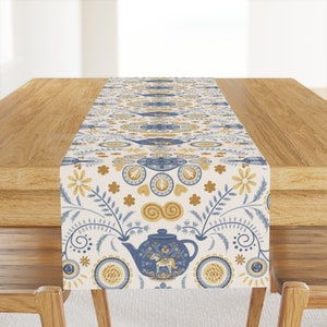 Coffee Folk Art Table Runner - Vill Du Fika by gartmanstudio - Scandi Style Scandinavian Blue Gold Cotton Sateen Table Runner by Spoonflower