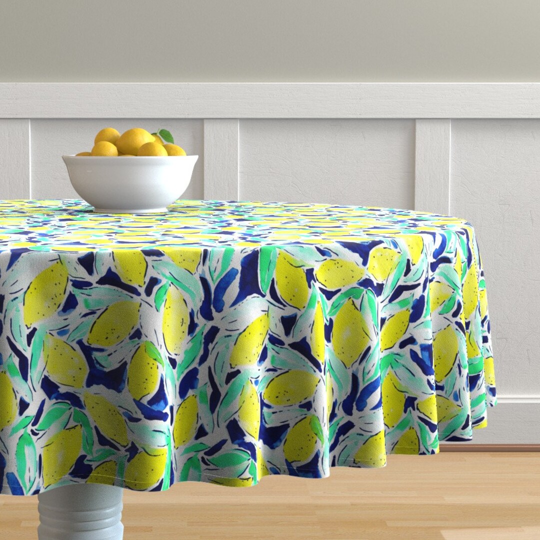 Lemon Round Tablecloth Bold Lemons Blue by Mjmstudio Etsy