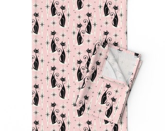 Retro Cat Tea Towels (Set of 2) - Mid Century Meow Warm Pink by studioxtine - Mid Century Modern Linen Cotton Tea Towels by Spoonflower