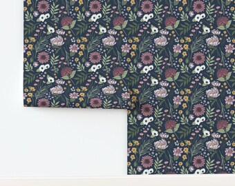 Boho Navy Floral Non-Pasted Wallpaper Cottagecore Flowers Botanical Moody - Maya Boho Floral by devondesignco Wallpaper by Spoonflower