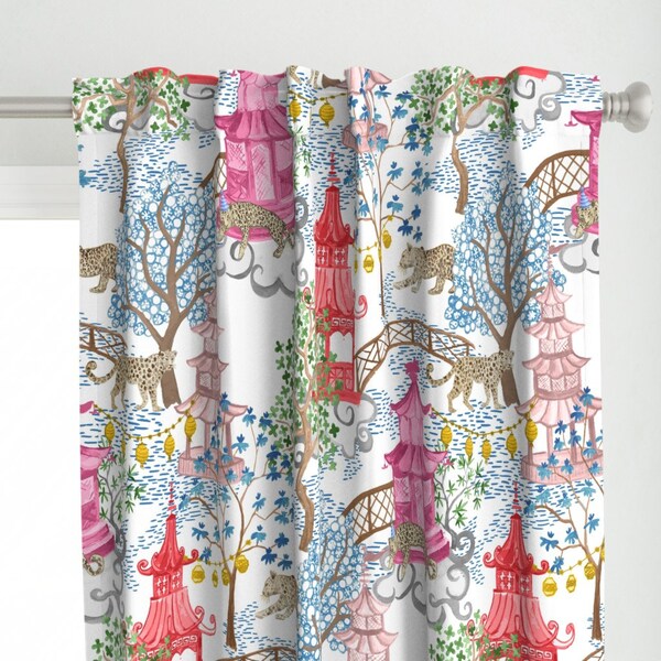 Chinoiserie Curtain Panel - Party Leopards In Pagoda Forest by danika_herrick - Pagoda Leopards  Custom Curtain Panel by Spoonflower