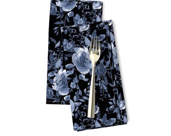Gothic Garden Dinner Napkins (Set of 2) - 8" Blue Florals Black by shopcabin - Moody Floral Romantic Indigo Cloth Napkins by Spoonflower