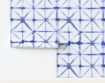 Light Shibori Non-Pasted Wallpaper Indigo And White Blue Geometric - Geometric Shibori by latheandquill Wallpaper by Spoonflower