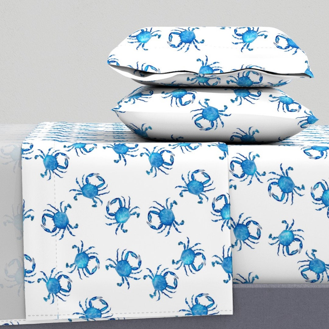 Nautical Sheets Blue Crabs by Wrensroost Watercolor Crabs Ocean Beach Marine Life Cotton Sateen