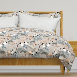 Japanese Garden Bedding - Japanese Garden Gray by juditgueth - Japanese Cranes Cotton Sateen Duvet Cover OR Pillow Shams by Spoonflower