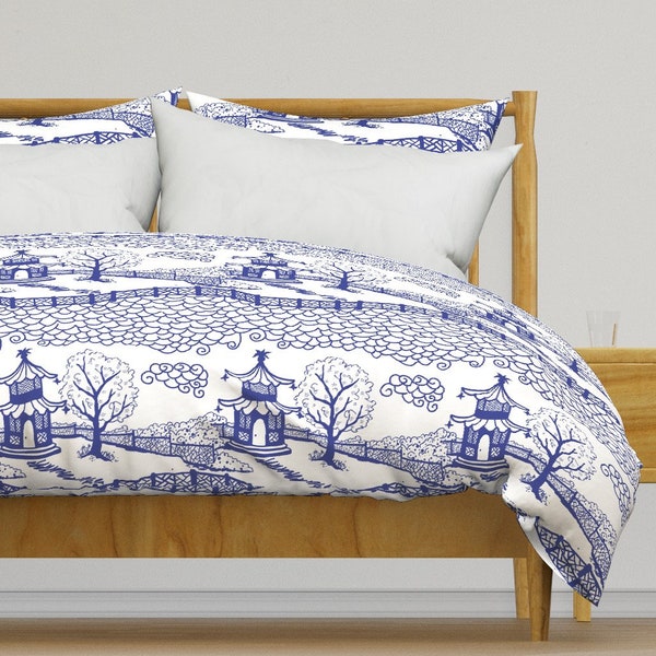 Chinoiserie Bedding - Cloud Pagoda Blue On White by danika_herrick - Asian Inspired Cotton Sateen Duvet Cover OR Pillow Shams by Spoonflower