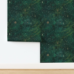 Papel de Parede Céu Celestial Sem Cola Verde Esmeralda Céu Noturno Astrologia Lunar - Galáxia Verde Escuro por rebecca_reck_art Papel de Parede da Spoonflower