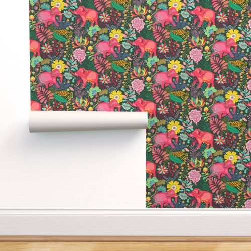 Psychedelic Elephant Wallpaper Floral Jungle Elephants by - Etsy