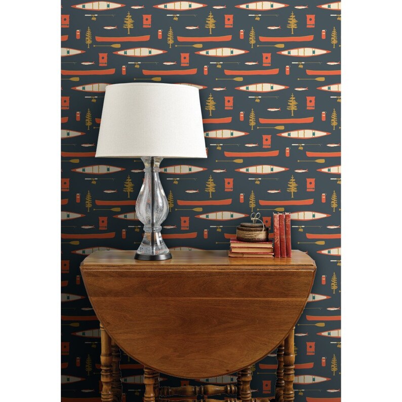 Rustiek vliesbehang Lake Life Camping Woodland Nature - Lake Canoes And Oars van coitcreative Wallpaper Double Roll van Spoonflower afbeelding 7