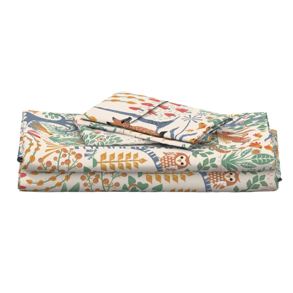 Woodland Sheets - Folk Forest by Landmink - Block Print Fox Owl Rabbit ...