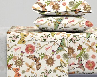 Moth Butterfly Sheets - Moths And Wildflowers by mypetalpress - Botanical Insects Entomology Cotton Sateen Sheet Set Bedding by Spoonflower