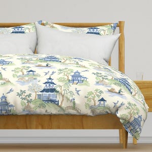 Tea House Bedding - Chinoiserie Pagoda by barbarapixton - Willow Tree Vintage Inspired Green Blue Cotton Sateen Duvet Cover OR Pillow Shams