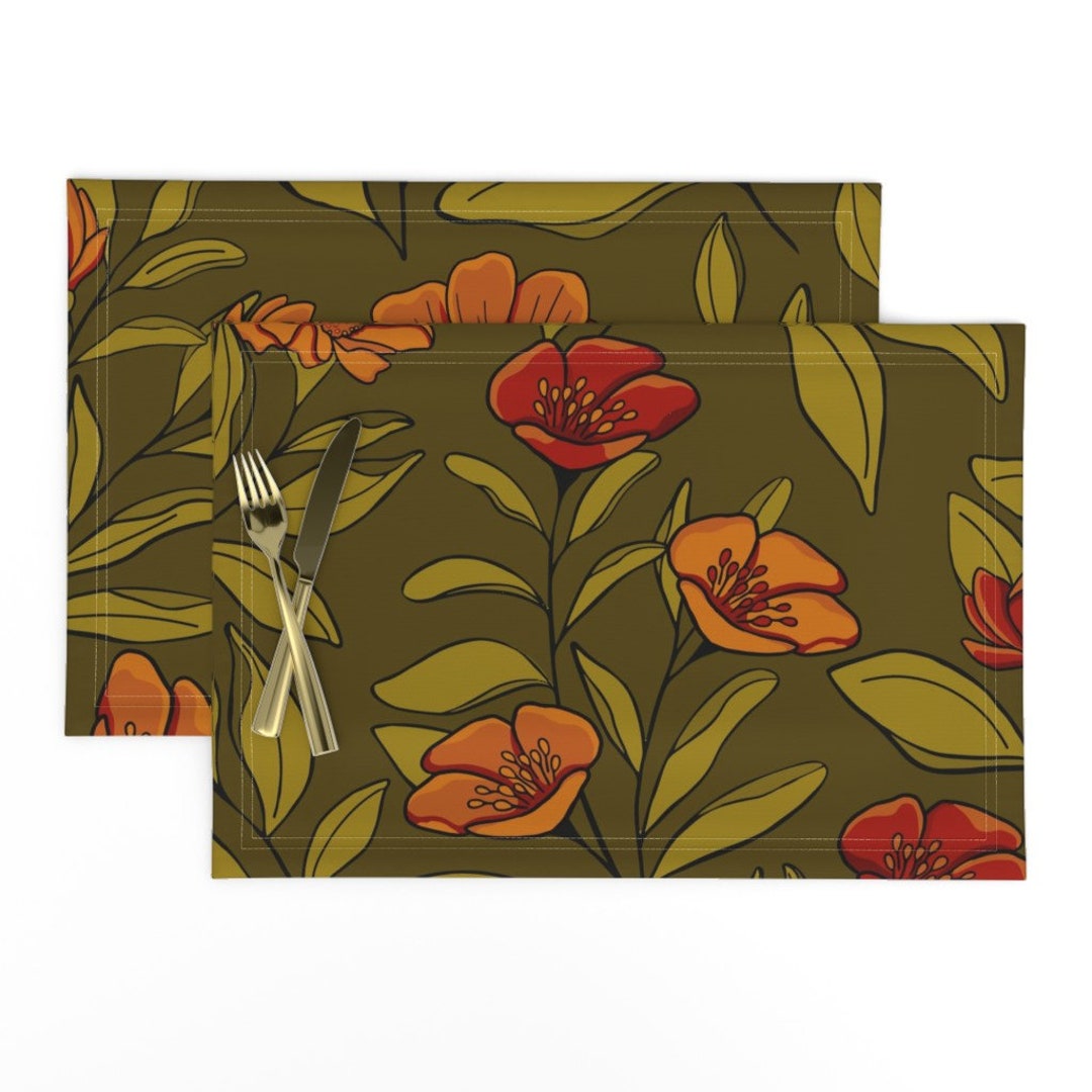 Olive Green Floral Placemats set of 2 Olive Green Winter Etsy