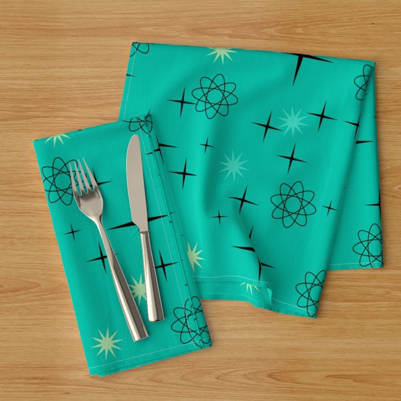 - Starburst On Turquoise by lillierioux Set of 2 Atomic Dinner Napkins Mid Century Modern Turquoise Stars Cloth Napkins by Spoonflower