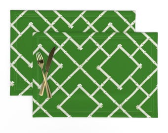 Trellis Placemats Set of 2 - Chinoiserie Bamboo Print Asian Chinese  Cloth Placemats - Osaka Bamboo Trellis In Green by willowlanetextiles