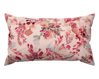 Magenta Accent Pillow - Delicate Watercolor Flowers by ninola-design - Feminine Botanical Rectangle Lumbar Throw Pillow by Spoonflower