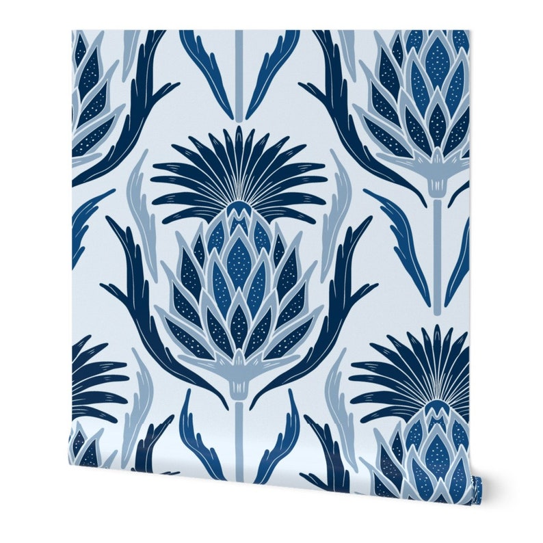Thistle Damask Wallpaper Blue Thistle by Katie_hayes Blue Etsy