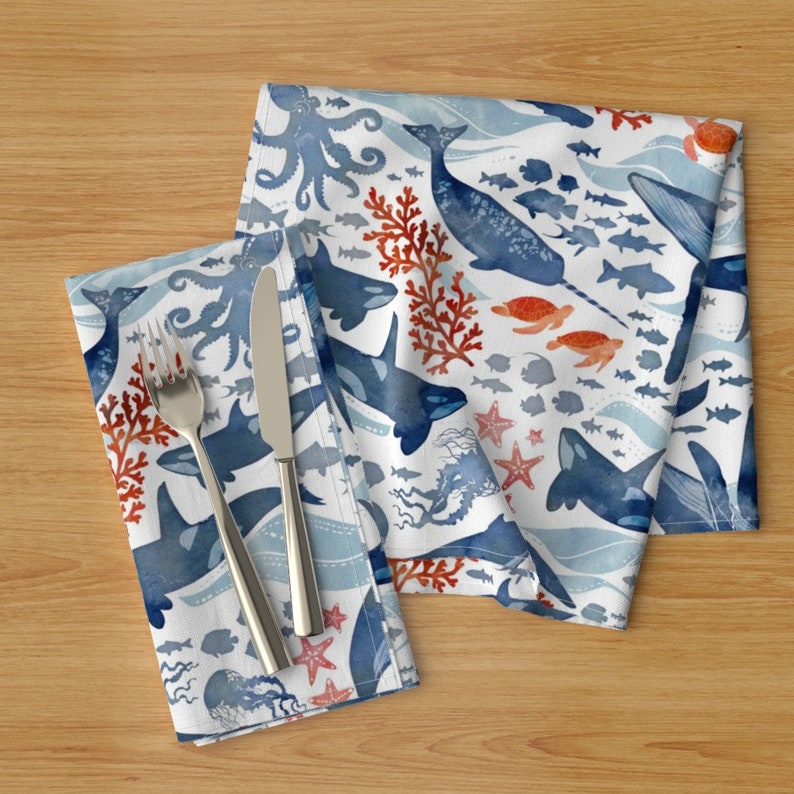 Whales Dinner Napkins Set of 2 Ocean Life Blue And Coral Etsy
