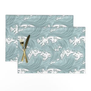 May include: Two rectangular placemats with a repeating wave pattern in shades of blue and white. A gold fork and knife are placed on top of one of the placemats.