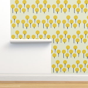 Mid Century Modern Non-Pasted Wallpaper - Yellow Pop Trees by kaoru_sanchez - Scandi Style Sunny Yellow Wallpaper Double Roll by Spoonflower