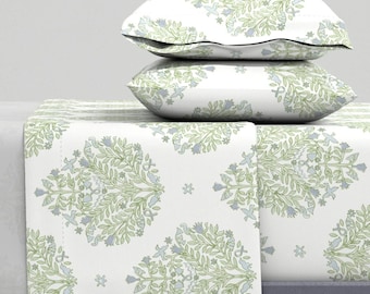 Traditional Sheets - Paisley Green by danika_herrick - Paisley Birds Leaves Ribbon Teardrop Cotton Sateen Sheet Set Bedding by Spoonflower