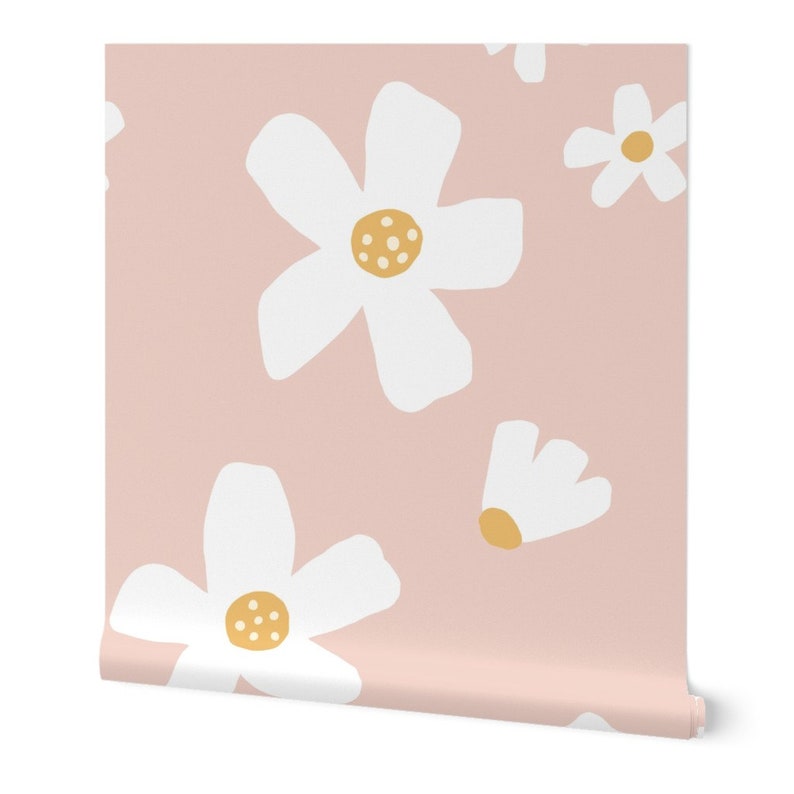 Pink and Mustard Wallpaper Jumbo Daisy Garden by Etsy