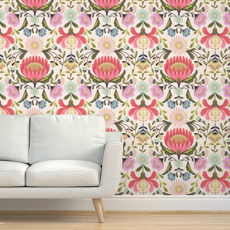 Folk Art Floral Wallpaper Maximalist Folk Flowers by Etsy