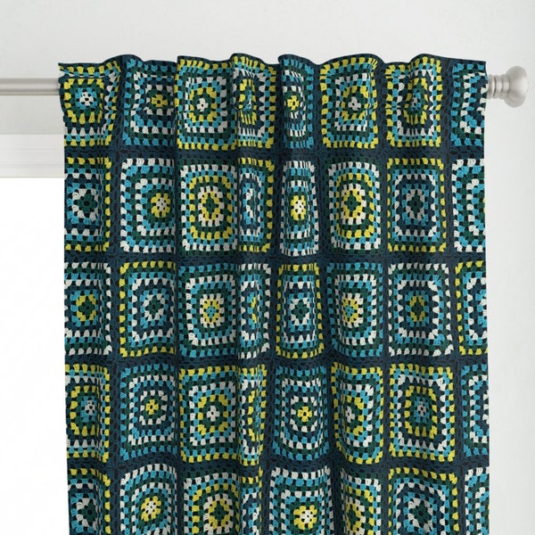 Crochet Curtain Panel - Granny Square Blue And Green by sveta_aho - Granny Granny Squares Boho Folk 70s Custom Curtain Panel by Spoonflower