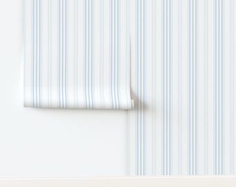 Vintage Stripe Non-Pasted Wallpaper French Ticking Traditional Coastal - Lars Stripe In Pale Blueberry by lilyoake Wallpaper by Spoonflower